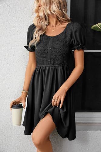 Image of Womens Summer Dress Short Puff Sleeve Button Up Smocked Empire Waist Flowy A-Line Casual Swing Mini Dress with Pockets