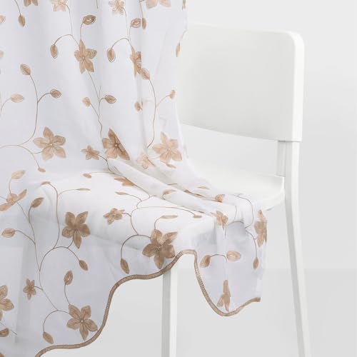 Image of haus & kinder Curtains 7 feet Long | Embroidery Sheer Curtains 7 Feet Long Pack of 1 | Door Curtains 7 feet Light-Filtering & Breathable Sheer Curtains (Shadow Bloom Beige, 114x213cm)