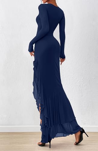 BTFBM Women's Maxi Dresses Fall 2025 Long Sleeve Ruched Bodycon Solid Ruffle Mermaid Cocktail Wedding Guest Dress