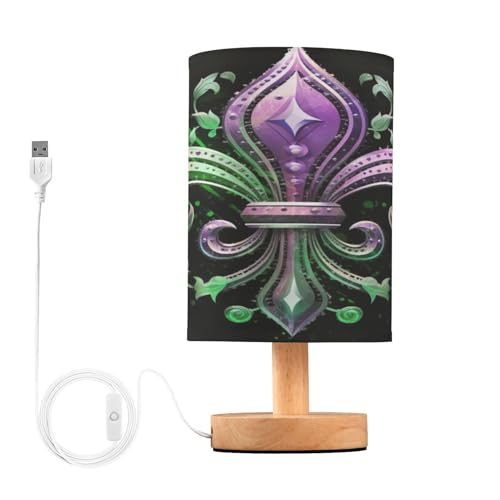 SDMKA Mardi Gras Purple Bedside Table Lamp for Bedroom, Minimalist Nightstand Lamp with Round Fabric Shade for Living Room, Office, No Bulb Required