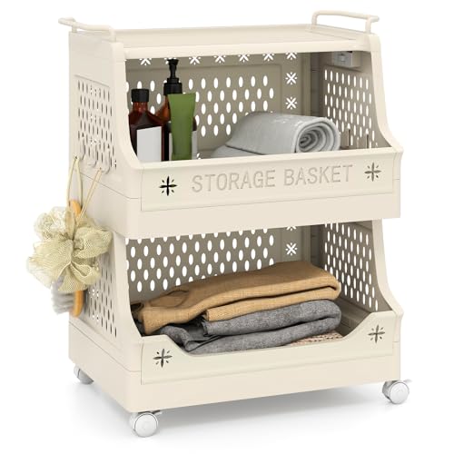 COSTWAY Rollwagen mit Rollen faltbar, 3 Etagen Badrollwagen mit Griff & Haken, Aufbewahrungswagen stapelbar, Beistellwagen aus Kunststoff, Wäschekorbwagen für Badezimmer, Waschküche, Küche