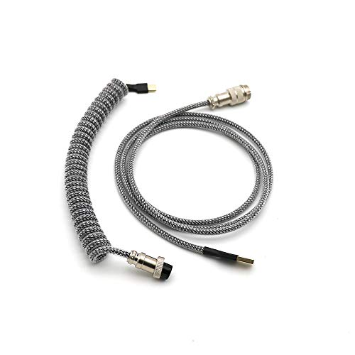 Angitu Double Sleeved PET Coiled Coiling Type C Mini Micro Cable for Mechanical Keyboard Cable with GX12 Aviator (Micro 1.5M 15-20cm, Chrom Weav+Clear)