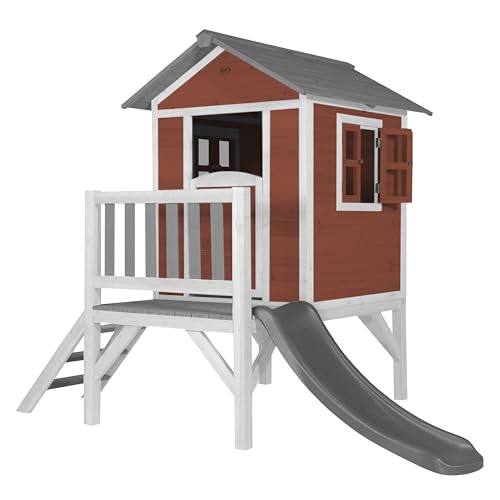 AXI Beach Lodge XL Casetta da gioco rossa con scivolo grigio | Casa per bambini su palafitte con veranda in legno FSC | Parco giochi per il giardino
