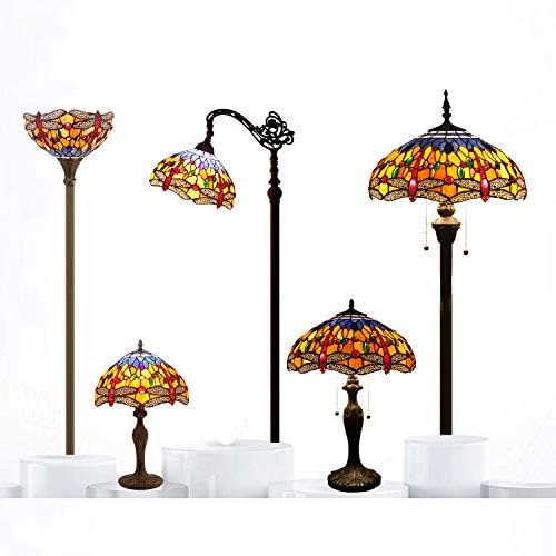 Tiffany Lamp Stained Glass Bedside Table Lamp Orange Blue Dragonfly Style Reading Desk Light 18" Tall Living Room Bedroom Vintage Banker Boho Victorian Memory Sympathy WERFACTORY