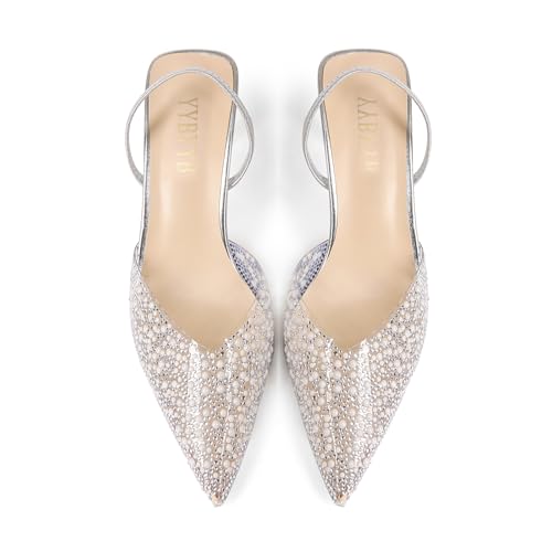 Women's Kitten Heels Pearl Closed Pointed Toe Pumps Rhinestone Slingback Heels Wedding Bride Dress Shoes3