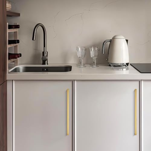 Image of Ravinte Brushed Brass Solid Pulls Cabinet Handles 10 Inch 30 Pack | Solid Zinc, Slim Design, Mounting Screws Included, Kitchen Cabinet Hardware, For Cupboards, Dressers, Drawers