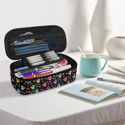 Image of Colorful Dog Paw Prints Pencil Case for Kids Large Penci Pouch,Wave Point Pencil Box for Boys Girls Daily Pencil Bag for Preschool Children Pencil Container for Students Teenagers