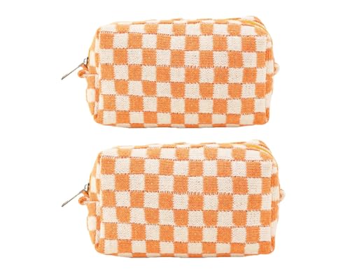 SxoSyo 2 Pcs Cosmetic Bags for Women Makeup Bag Purse Travel Toiletry Zipper Storage Pouch Make up Brushes Organizer for Gifts (Checkered, Orange 2)