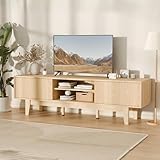 EDWINENE TV Stands for 55 60 65 inch TV, Oak Fluted TV Stand for Living Room Bedroom, Mid Century Modern TV Console Tables, Entertainment Center with Storage Cabinet, Sliding Doors and Open Shelves