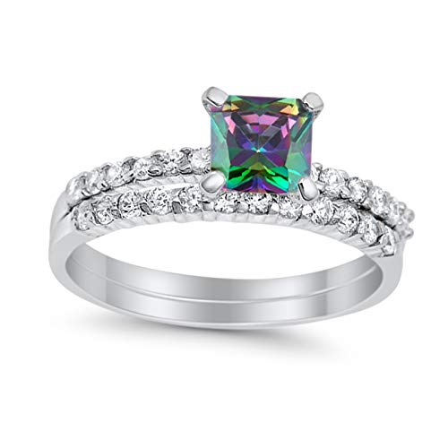 Blue Apple Co. Simulated Rainbow Cubic Zirconia Size-6 Wedding Engagement Ring Band Bridal Set Princess Cut Round Simulated Cubic Zirconia 925 Sterling Silver
