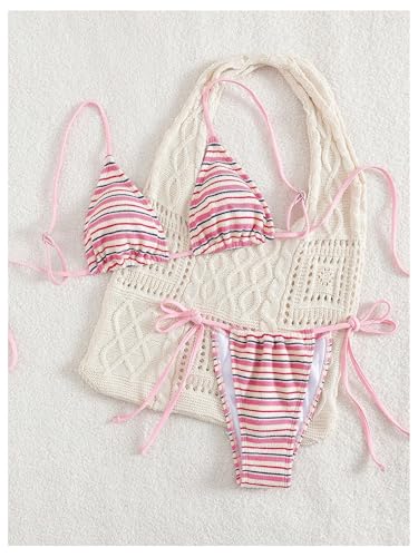 Image of GORGLITTER Women's Striped High Waisted Bikini Sets Cute Cheeky Triangle String Thong Swimsuit Bathing Suit 2 Piece