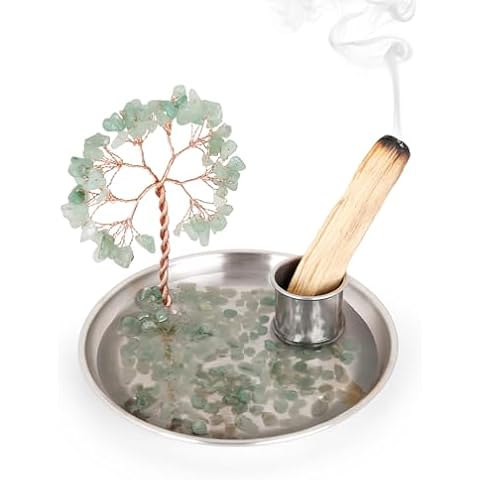 OTOFY Palo Santo Incense Burner, Crystal Stone Money Tree Incense and Candle Holder-Palo Santo - 5.51" Metal Ash Catcher Tray for Meditation Room and Home Decor (Green Tree) Cover