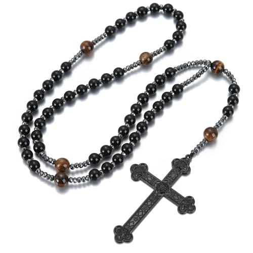 Rosary Beads, Black Rosary for Men, Rosarios Catolicos Para Mujer,Long Cross Necklaces, Prayer Beads Christian Necklace