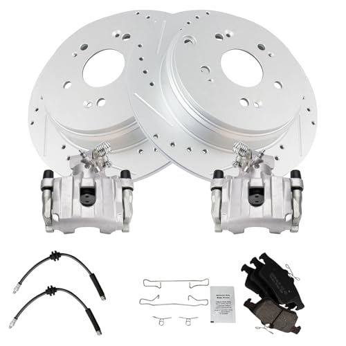 Image of TRQ Performance Rear Brake Pad and Rotor Set Ceramic Slotted Drilled G Coated Calipers Hoses Compatible with 2009-2013 Mazda 3 S 2009-2013 Mazda 3 MazdaSpeed