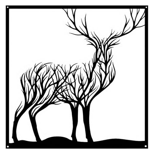 Huspox Décoration murale en métal avec motif de cerf - 40 cm - Noir - Encadrée - Sculpture murale à suspendre pour terrasse, bureau, ferme
