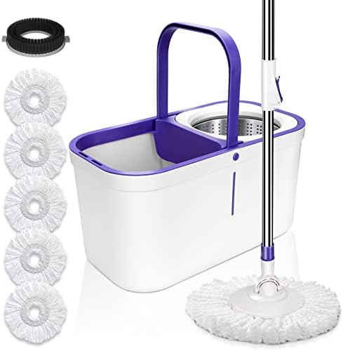 HEVOL Mop and Bucket with Wringer Set, Spin Mop Bucket Floor Cleaning System with 5 Washable Mop Heads & 1 Floor Brush Head, Easy Wring Mop and Bucket for Home Kitchen Floor Cleaning