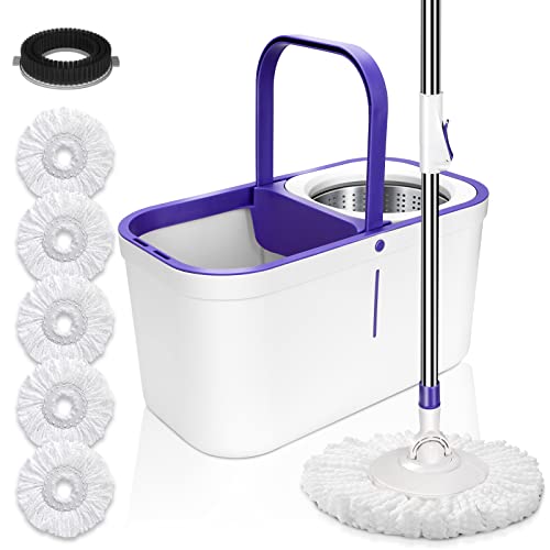 Hevol Mop And Bucket With Wringer Set, Spin Mop Bucket Floor Cleaning System With 5 Washable Mop Heads & 1 Floor Brush Head, Easy Wring Mop And Bucket For Home Kitchen Floor Cleaning #TOP1