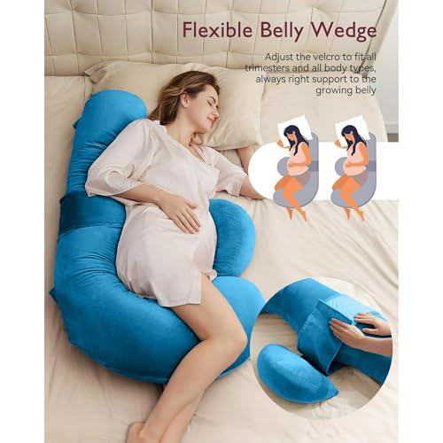 Image of J-Shaped Sleeping Pregnancy Pillow| Removable Velvet Covers| PregnoCare Fibres| Baby Shower Gift, Maternity, Nursing| Full Body Soft-Support Bump, Head, Back, Shoulder, Hips, Legs and Belly (Sky Blue)