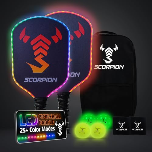 Image of SCORPION LED Pickleball Paddles Set of 2 or 1 - Lightweight Rackets with LED Edge Lighting | Carbon Fiber /Fiberglass /Wood Face | Durable Paddles for Women, Men, and Kids | Includes Bonus Accessories