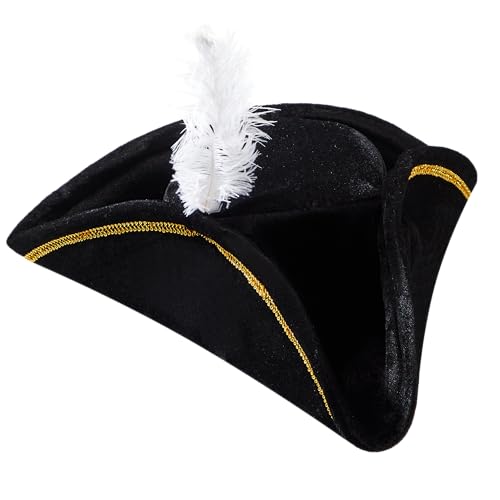 Spooktacular Creations Buccaneer Tricornio Sombrero con Pluma, Universal Negro Oro Ribete Pirata Sombrero para Adultos, Halloween Costume Accessory, Revolutionary War Theme Party Dress Up