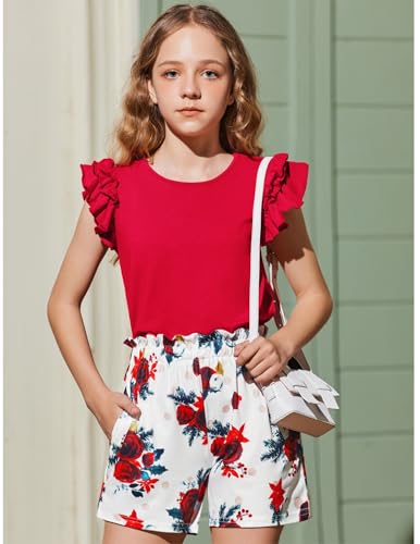 Image of Arshiner Teenage Girl Clothes Two Piece Summer Outfits Short Sleeve Shirts and High Waist Paper Bag Short Set,13-14 Years, Red-flower