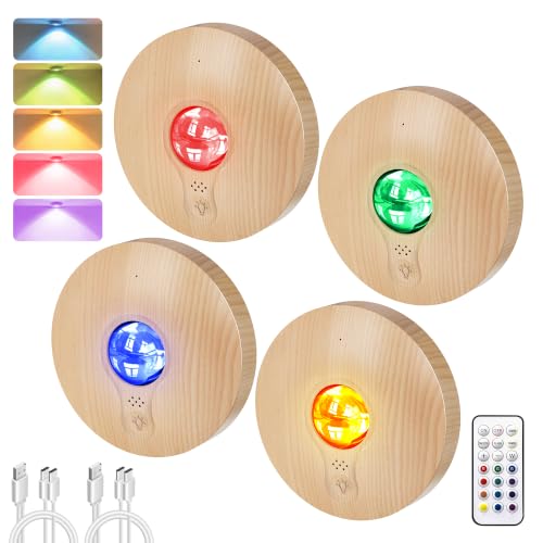 Image of Rechargeable RGB Puck Lights with Remote Control, Wireless Under Cabinet Lighting,13 Color Changing Lights with Dimmer, Timer,2000mAh Battery Operated Tap Lights for Kitchen (Natural Wood, 4PCS)
