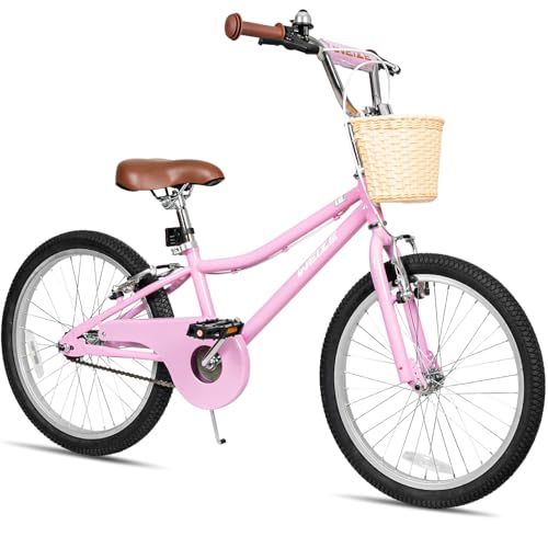 WEIZE Girls Bike for 6-12 Years Old, 20 Inch Kids Bike with Basket and Kickstand, Retro Style Childrens Bicycle for Teen Girls, Lightweight Steel Frame,Pink
