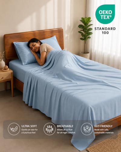 Image of LANE LINEN 100% Organic Cotton Bedsheet for Single Bed - French Blue | GOTS Certified, Percale Weave, 60x90 inches, Soft & Breathable, Machine Washable, Includes 1 Pillow Cover