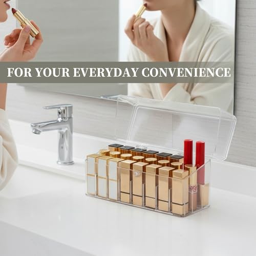 Organizador de Maquillaje 24 Compartimento, Organizador de Cosméticos Acrílico Transparente, Soporte para Pintalabios con Cubierta Antipolvo, Display Stand para Pintalabios y Lápices Labiales - imagen 6
