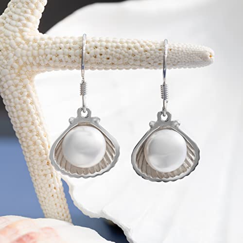 925 Sterling Silver Natural Pearl in Seashell Dangle Earrings, Nickel Free Hypoallergenic for Sensitive Skin, Freshwater Black White Pearls, Hawaiian Island Jewelry, Gift Box Included2