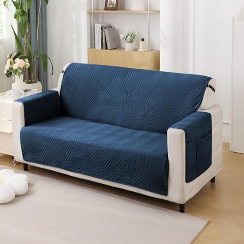 Image of HOKIPO Polyester 2 Seater Quilted Sofa Cover with Pockets, Navy Blue (NEW1-802-NYBL)
