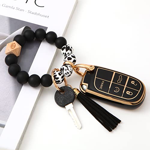 Qfungye For Jeep Accessories Wristlet Key Fob Cover, Anti-Fingerprint Special Tpu Key Case，Compatible With Grand Cherokee Renegade Dodge Ram Durango Challenger Chrysler 200 300 Fiat Smart(Black) #TOP4