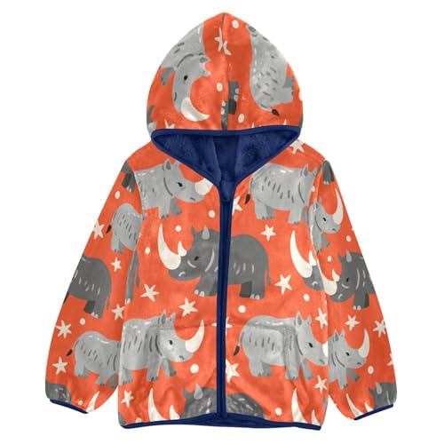 Rhino Pattern Star on Orange Toddler Fleece Jacket Girl Boys Hooded Fleece Jacket Coat Warm Outwear Zip-up 3-10T