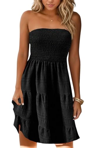 Image of AIMITAG American Flag Smocked Strapless Mini Dress Womens Flag Stars Vertical Striped Ruffled Tube Top Dress Beach Sundress