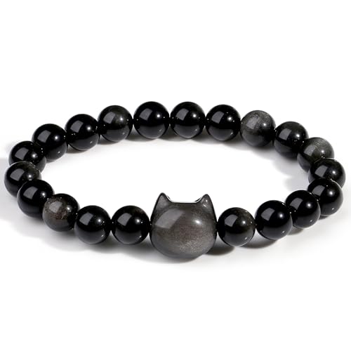 MAIBAOTA Black Cat Bracelet, Black Cat Jewelry Gifts for Women Men, Black Obsidian Bracelet, 8 mm Crystal Stone Beaded Bracelet, Cat Gifts for Cat Lovers