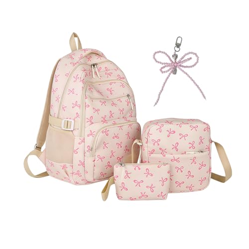 XFHMYDM Coquette Bow Backpack With Multiple Styles Lunch Box and Pencil Case Casual and Suitable Bow Backpack For School Commuting and Daily Use (B-Pink)
