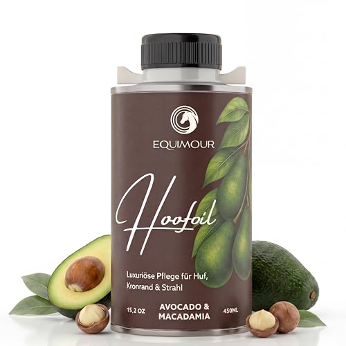 Equimour Huföl mit Pinsel für Pferde Avocado & Macadamia Hufpflege mit Vitamin E für Huf Kronrand & Strahl natürlicher Glanz & gepflegte Optik 450 ml