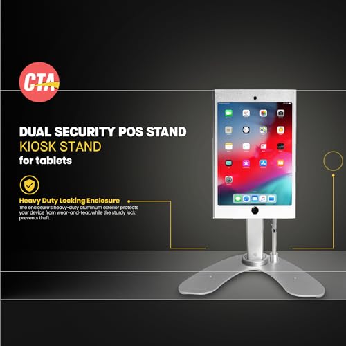 Image of Dual Kiosk Stand- CTA Aluminum Stand with Locking Case and Cable. 360-Degree Rotating Base. Enclosure Designed for iPad mini Generations 1-5 with Access to all Ports and Buttons, Silver (PAD-ASKM)