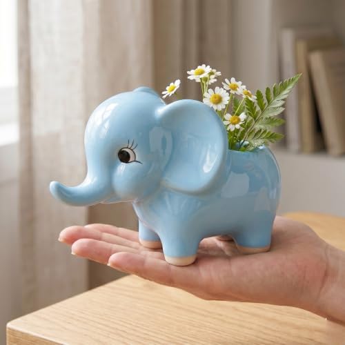 Image of Ceramic Elephant Shape Flower Vase & Succulent Planter (6-inch) | Cute Elephant Pot for Home Decor, Living Room, Office Desk & Gifting | Water-Resistant Vase for Natural Flowers (2, Sky Blue)