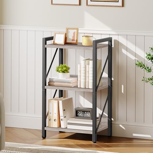 Image of HOOBRO Bookshelf, 3-Tier Industrial Bookcase, Book Shelf Storage Organizer, Small Bookshelf with Metal Frame for Living Room, Bedroom, Home Office, Kitchen, Greige and Black BG71SJ01