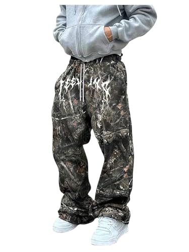 Floerns Men's Camo Baggy Sweatpants Straight Leg Drawstring Hunting Pants Streetwear