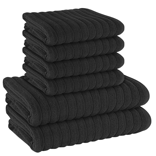 Olivia Rocco Ribbed Towel Bale Set 6 Piece Towels Sets 2 Bath Towels, 4 Hand Towels Quick Dry Cotton Hotel Quality Super Soft and Highly Absorbent (Black, 6 Piece Towel Bale)