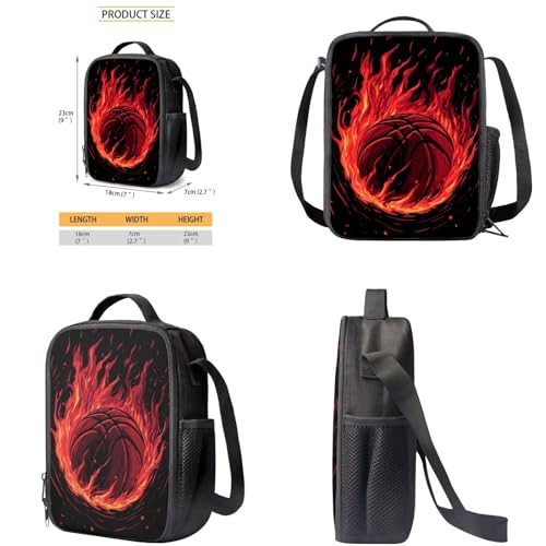 GIFTPUZZ Cool Fire Basketball Bookbag for Boys 8-12 Sport Boys Backpack with Lunch Box Basketball Large Capacity 4pcs Basketball Bookbag for Boys 8-12 Back to School Gifts4
