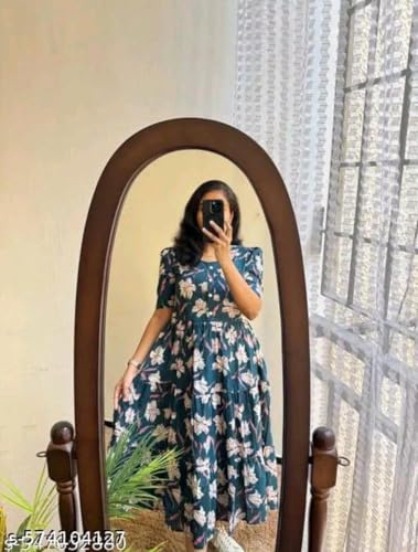 Image of Women's Rayon A-Line Midi Dress, Floral Print, Short Sleeves, Round Neck, Tiered Design