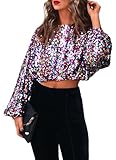 SPSHODOW Women Sequin Top, Balloon Long Sleeve Glitter Party Top Disco Sparkle Crop Top Sequin Blouse for Concert Party