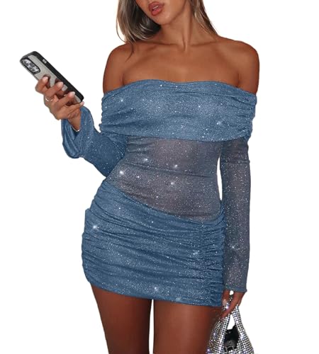 Sexy Off Shoulder Bodycon Mini Dress for Women Mesh Sheer Ruched Sparkly Flared Long Sleeve Y2K Dress Party Club Night Out Dresses Blue
