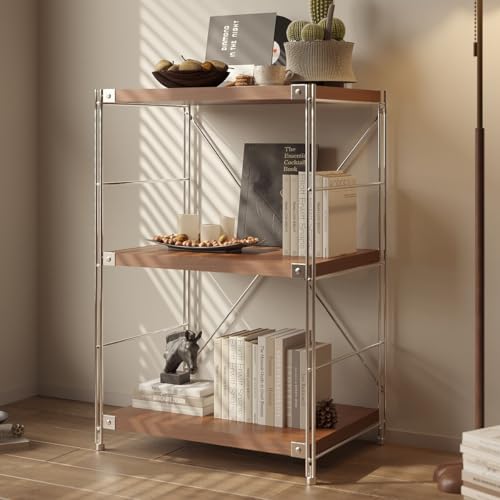 Image of 3-Tier Industrial Bookshelf, Wood and Metal Shelf Unit, Storage Bookcase