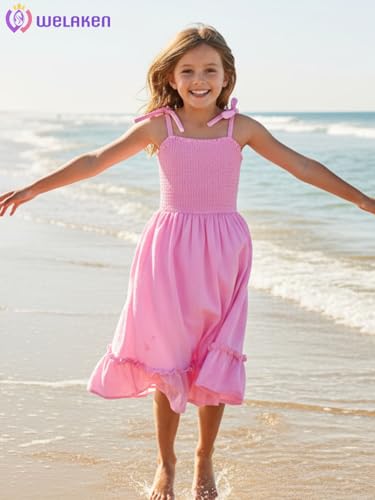 WELAKEN Girls Summer Dress A-Line Spaghetti Strap Open Back Twirl Sundress for Kids3