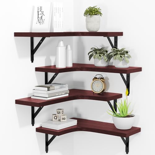 Image of ROMGUAR CRAFT Corner Floating Shelves Wall Mounted Set of 4, Rustic Wood Storage Display Shelves for Home Decor, Bathroom, Kitchen, Bedroom, Living Room, Office (Red)