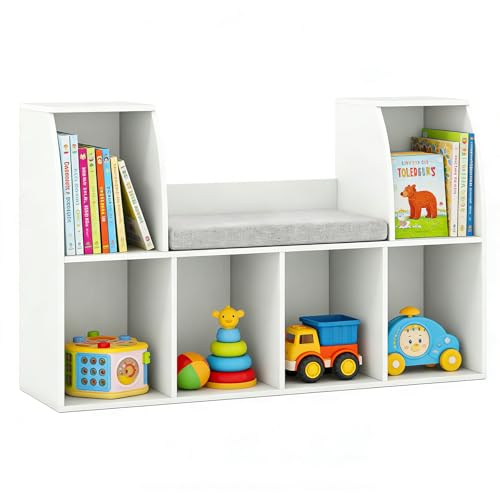 Kids Toy Storage & Bookshelf with Seat (White)